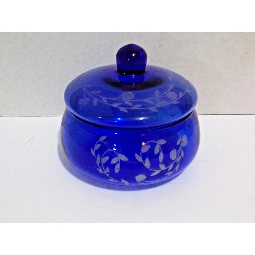 Cobalt Blue Glass Trinket  Candy  Jar w/Lid Etched White Floral Motifs Vintage?